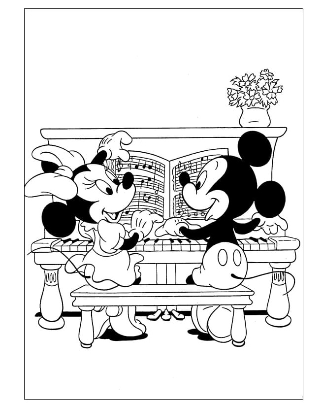 Página para Colorir Minnie e Mickey Mouse Tocando Piano