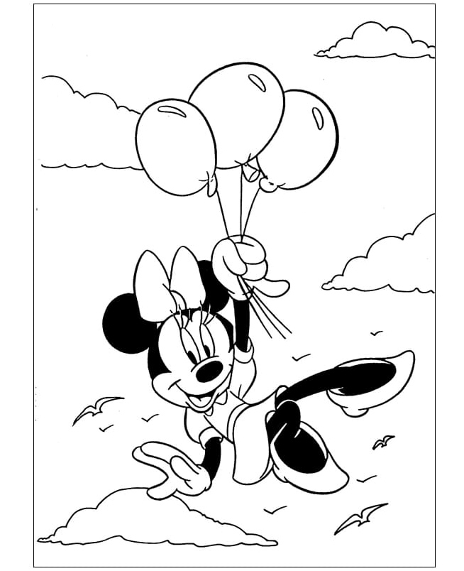 Página para Colorir Minnie Mouse Voando com Três Balões