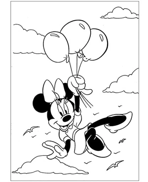 Página para Colorir Minnie Mouse Voando com Três Balões