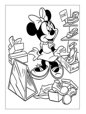 Minnie Experimentando Sapatos - Página para Colorir