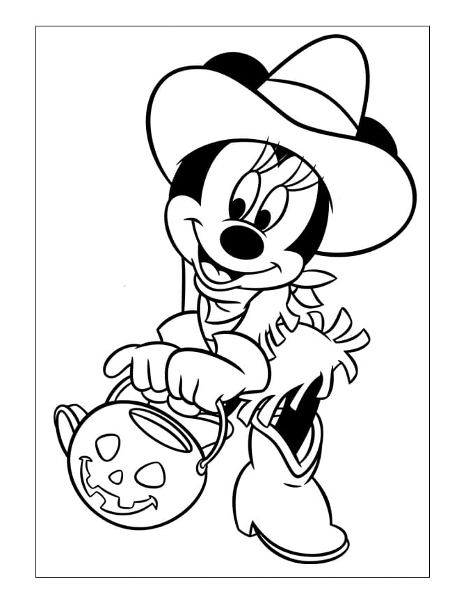 Página para Colorir Minnie usando um chapéu de melancia e óculos escuros.