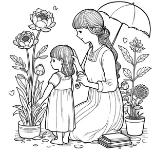 Página para Colorir Página para Colorir de Mãe e Filha para Imprimir