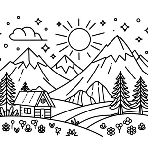 Página para Colorir Casa com Vista para a Montanha