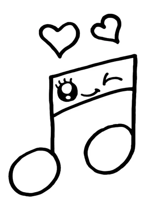 Nota musical piscando com corações, fácil página de colorir Notas Musicais, imprimível grátis