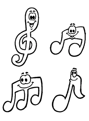 Emojis sorrindo, fácil página de colorir Notas Musicais, imprimível grátis