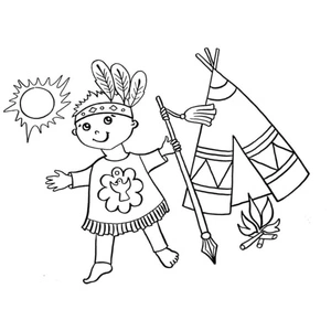 Página para Colorir Um Jovem Nativo Americano em Seu Wigwam