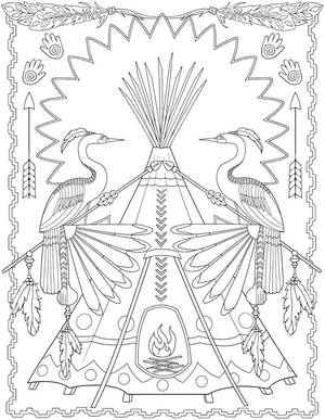 Página para Colorir Wigwam e Cegonhas com Lanças