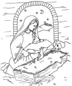 Página para Colorir Maria e o Menino Jesus no Presépio