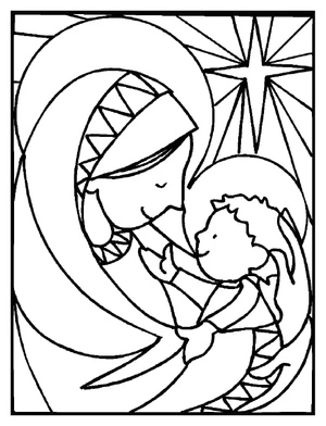 Página para Colorir Maria e o Menino Jesus no Presépio