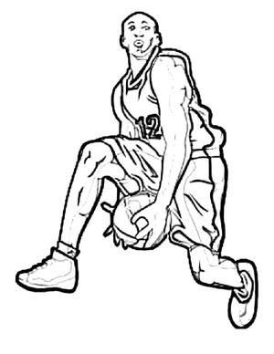 Jogador de basquete pulando com a bola, medium NBA coloring page, free printable
