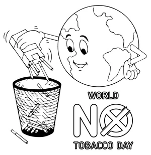 Planeta sorridente jogando cigarros no lixo, fácil página para colorir Dia Mundial Sem Tabaco, grátis para imprimir
