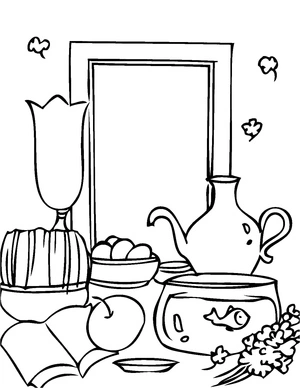 Mesa de Nowruz com itens tradicionais, página de colorir média de Nowruz, impressão gratuita
