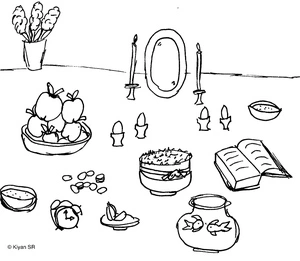 Mesa de Nowruz com itens tradicionais, página para colorir detalhada, grátis para imprimir