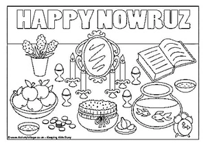 Mesa de Nowruz com espelho e peixes, página para colorir detalhada Nowruz, para imprimir grátis
