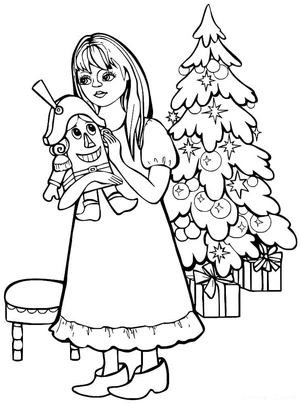 Página para Colorir Menina Segurando um Quebra-Nozes de Brinquedo