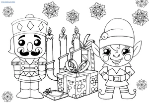 Página para Colorir Quebra-Nozes e Duende com Presentes