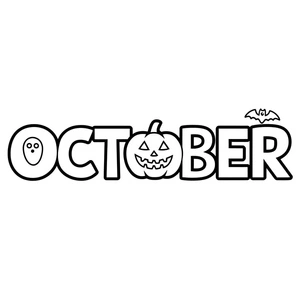Palavra October com abóbora, morcego e fantasma, fácil Outubro página para colorir, impressão gratuita
