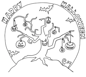 Árvore de Halloween com abóboras, página de colorir fácil para outubro, imprimível grátis