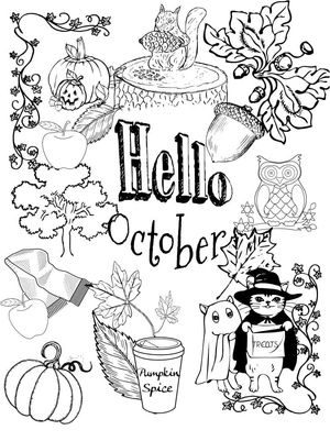 Ilustrações de outubro, detalhada página de colorir de Halloween, impressão gratuita