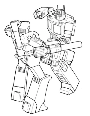 Megatron e Optimus Prime em batalha, página de colorir detalhada Transformers, imprimível grátis