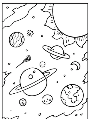 Planetas e estrelas, fácil página de colorir Espaço Sideral, grátis para imprimir
