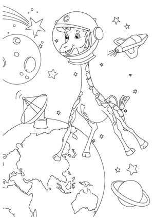 Girafa no espaço, página para colorir detalhada de espaço sideral, grátis para imprimir