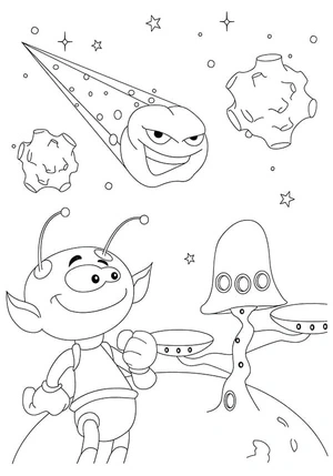 Alienígena sorrindo no espaço, página para colorir média do Espaço Sideral, impressão gratuita