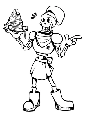 Papyrus sorrindo com prato de espaguete, página para colorir média Undertale, grátis para imprimir