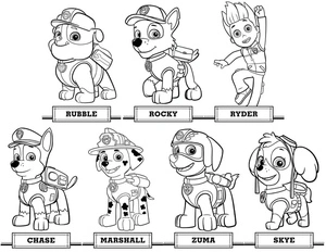 Personagens da Patrulha Canina em fila, média Patrulha Canina coloring page, free printable
