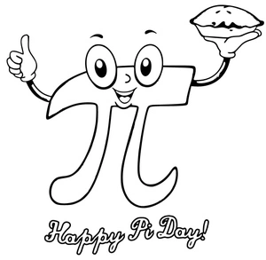 Símbolo de Pi sorridente com uma torta, página de colorir fácil do Dia do Pi, imprimível grátis