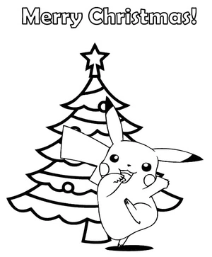 Página para Colorir Pikachu com uma Árvore de Natal
