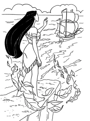 Página para Colorir Pocahontas e um Navio