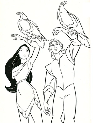 Página para Colorir Pocahontas e Capitão John Smith em uma página para colorir