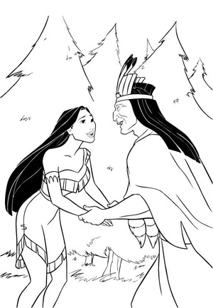 Página para Colorir Pocahontas e o Chefe Powhatan em uma aventura