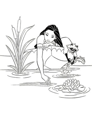 Página para Colorir Pocahontas e Seu Amigo de Confiança Meeko