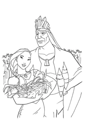 Página para Colorir Pocahontas com o Chefe Powhatan em uma página para colorir