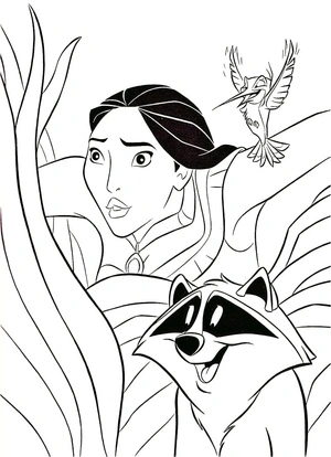 Página para Colorir Pocahontas com seus amigos Meeko e Flit