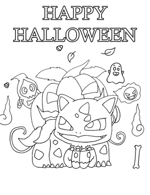 Página para Colorir Bulbasaur Pokémon Tendo um Halloween Feliz