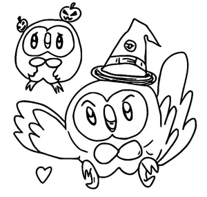 Página para Colorir Página de Colorir do Pokémon Rowlet com Tema de Halloween