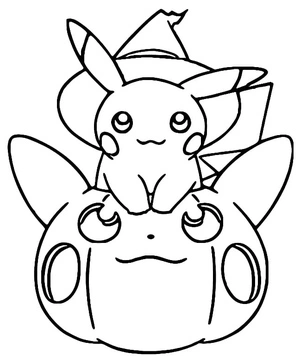 Página para Colorir Pikachu com uma Abóbora de Halloween