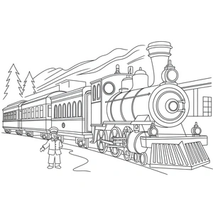 Trem ártico com condutor, página para colorir média do Expresso Polar, grátis para imprimir
