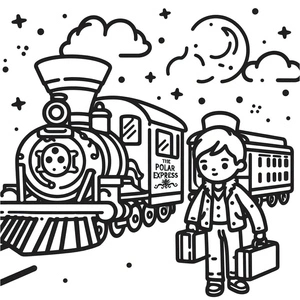 Menino com malas ao lado do trem, página de colorir média do Expresso Polar, imprimível grátis