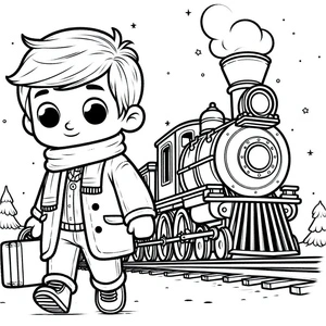Menino com mala perto do trem, fácil página para colorir do Expresso Polar, impressão gratuita