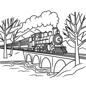 Trem do Expresso Polar sobre uma ponte, página para colorir detalhada do Expresso Polar, impressão gratuita