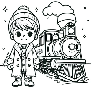 Criança sorrindo com trem, página de colorir média Expresso Polar, grátis para imprimir