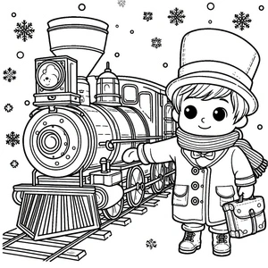 Menino ao lado de um trem ártico, página para colorir média Expresso Polar, imprimível grátis