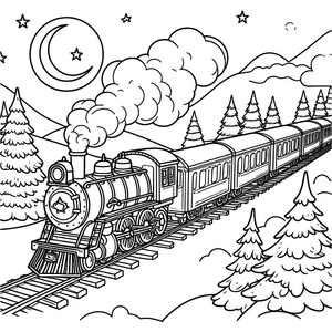 Trem à noite sob a lua, página para colorir detalhada do Expresso Polar, grátis para imprimir