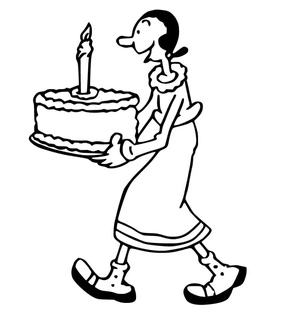 Página para Colorir Olive Oyl com Bolo de Aniversário