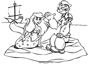 Página para Colorir Popeye e Ariel, a Sereia