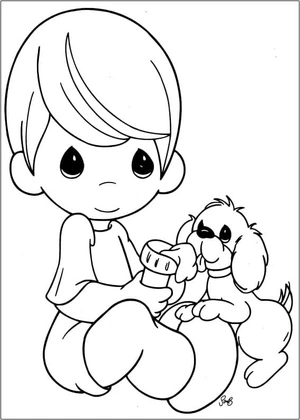 Página para Colorir Menino e Cachorrinho em Precious Moments